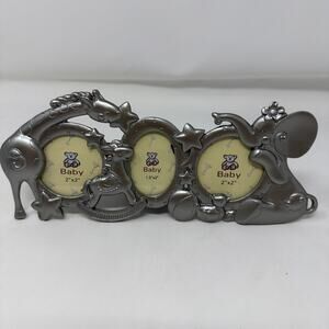 3 Photo Silver Tone Baby Photo Frame Train Animals Giraffe Elephant
